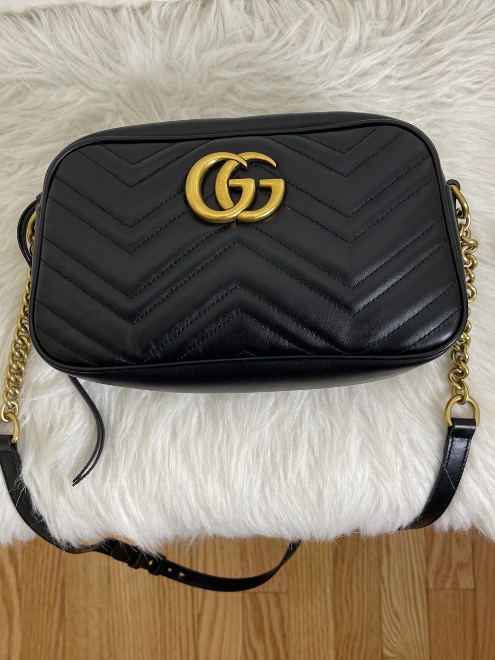 Gucci Black Quilted GG Camera Crossbody with Gold Hardware